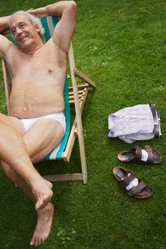 IMAGE BANK FAIL - Man Sitting in Lawn Chair in His Underwear © 2008 Radius Images